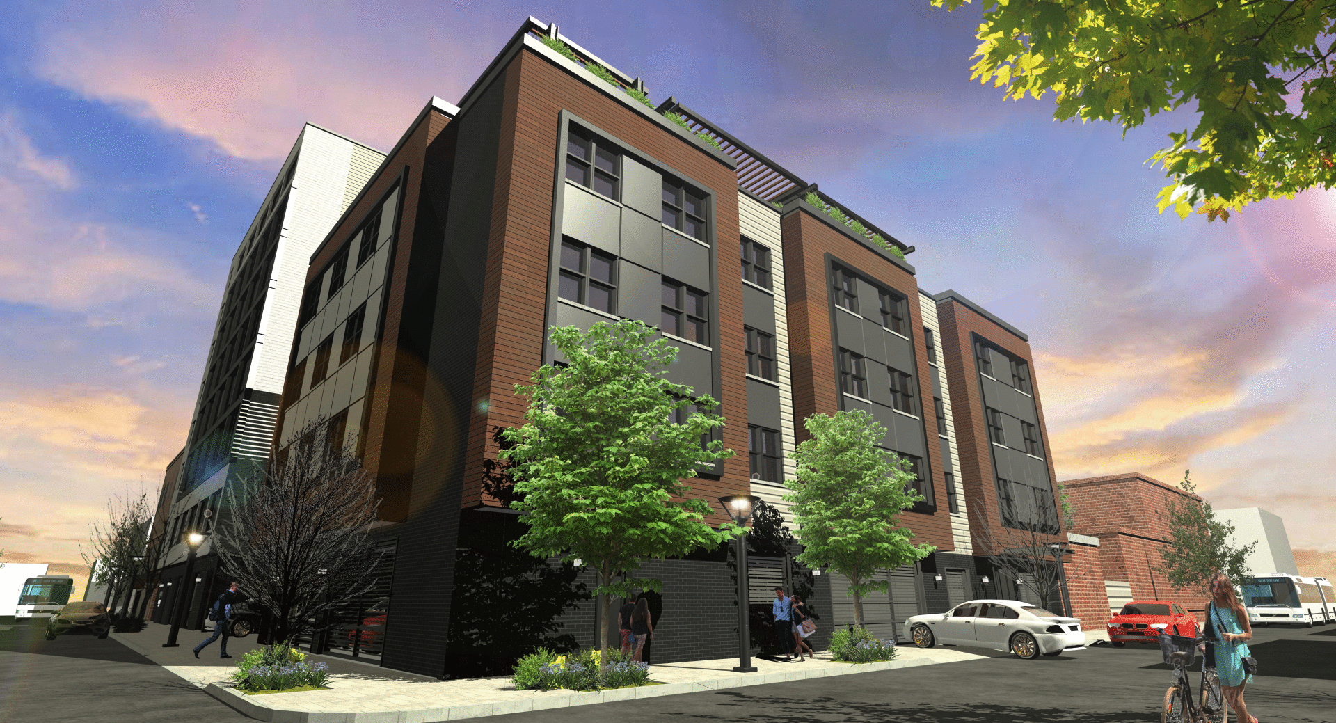 An artist 's impression of a large brick building with cars parked in front of it.