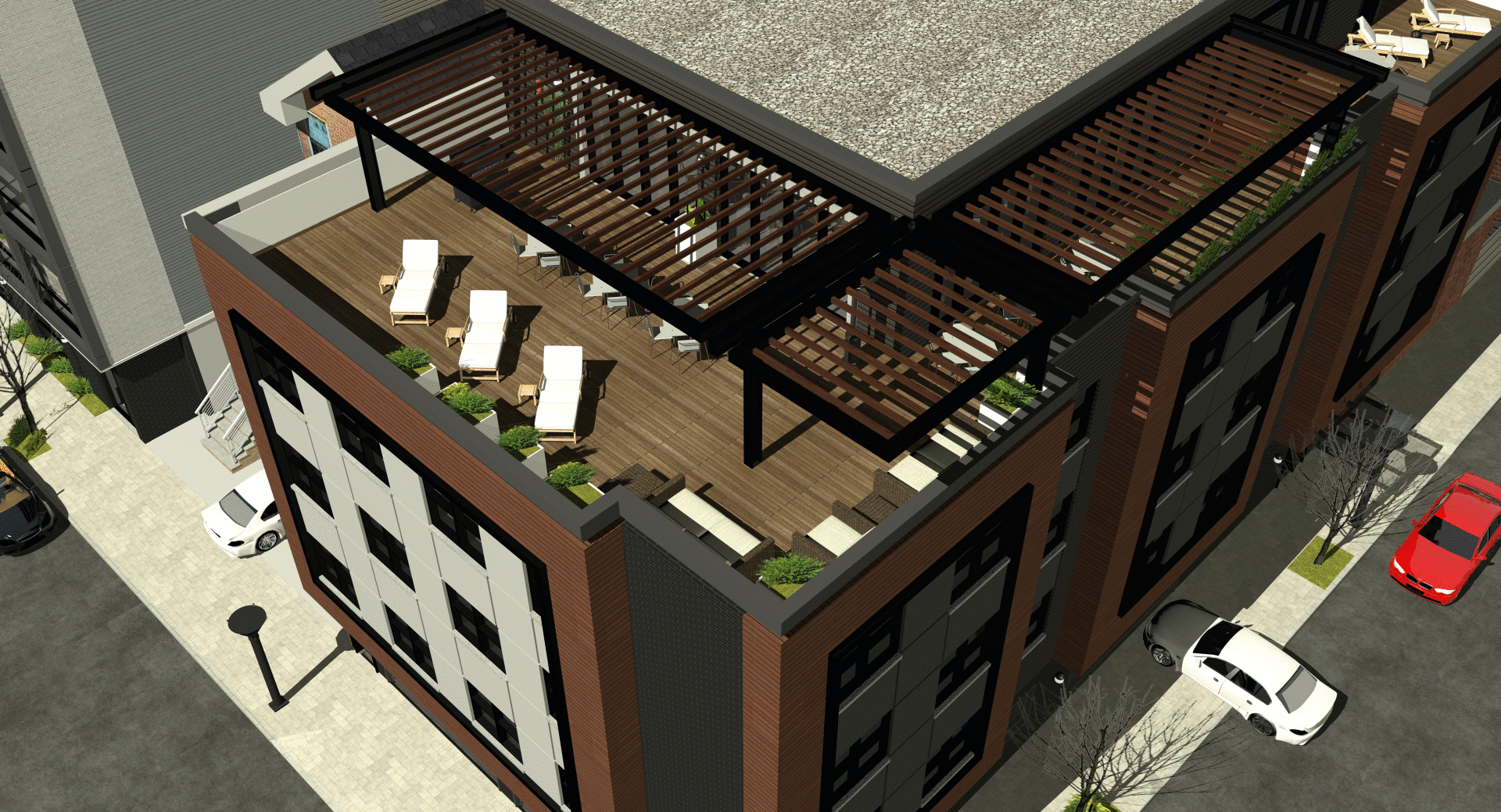 An aerial view of a building with a rooftop deck