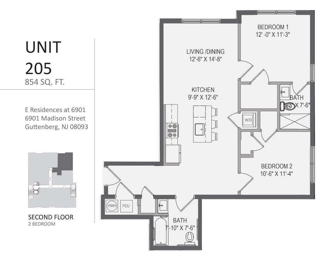 A black and white floor plan of a unit 205