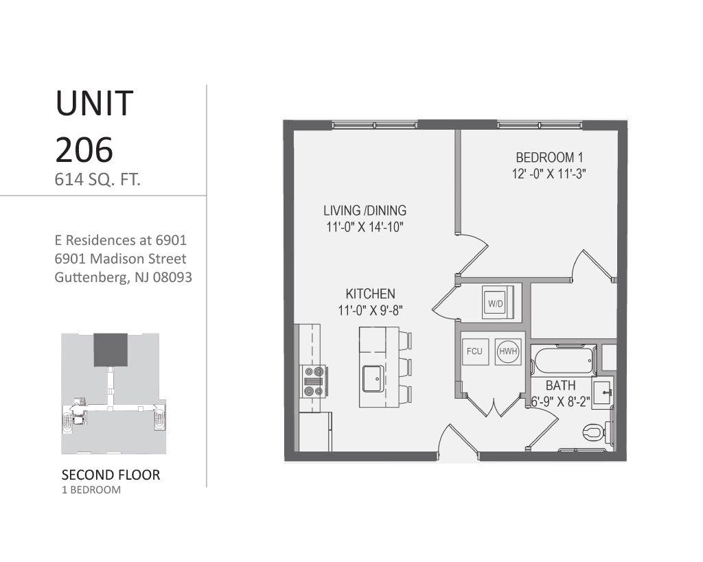 A black and white floor plan of a unit 206 apartment.