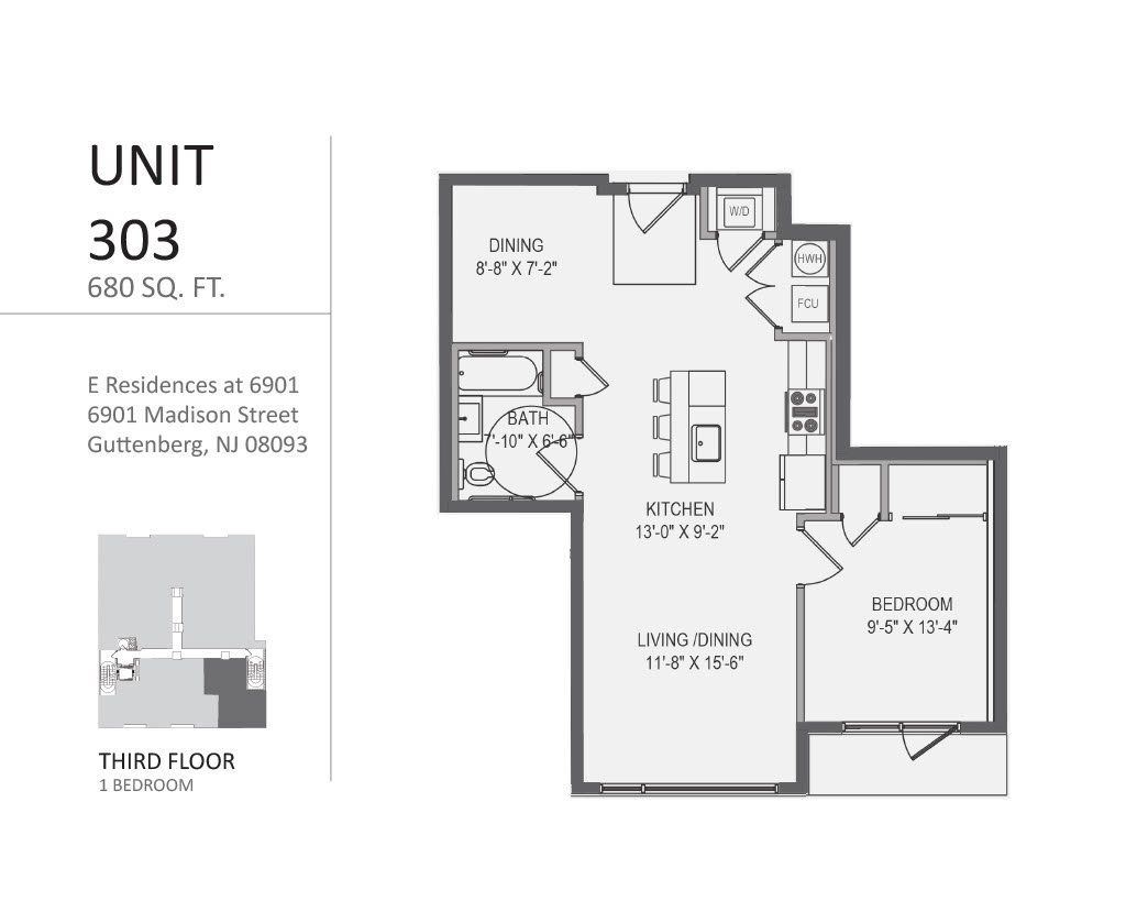 A black and white floor plan of a unit 303 apartment.