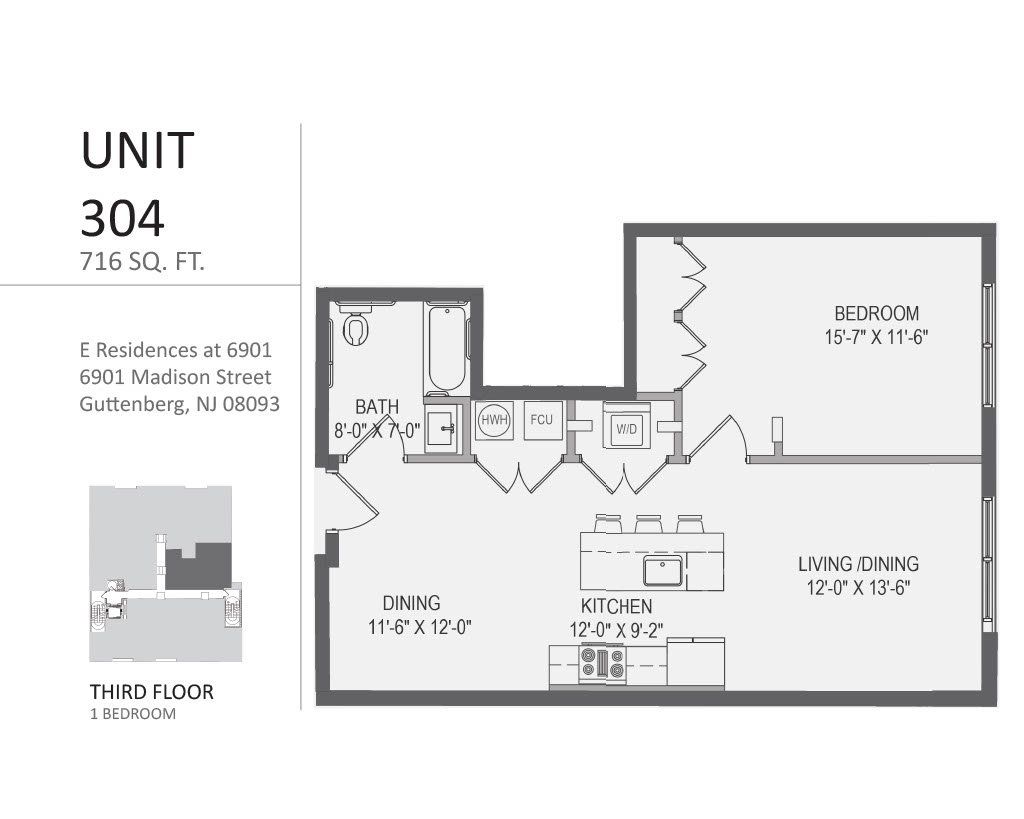 A black and white floor plan of a unit 304 apartment.