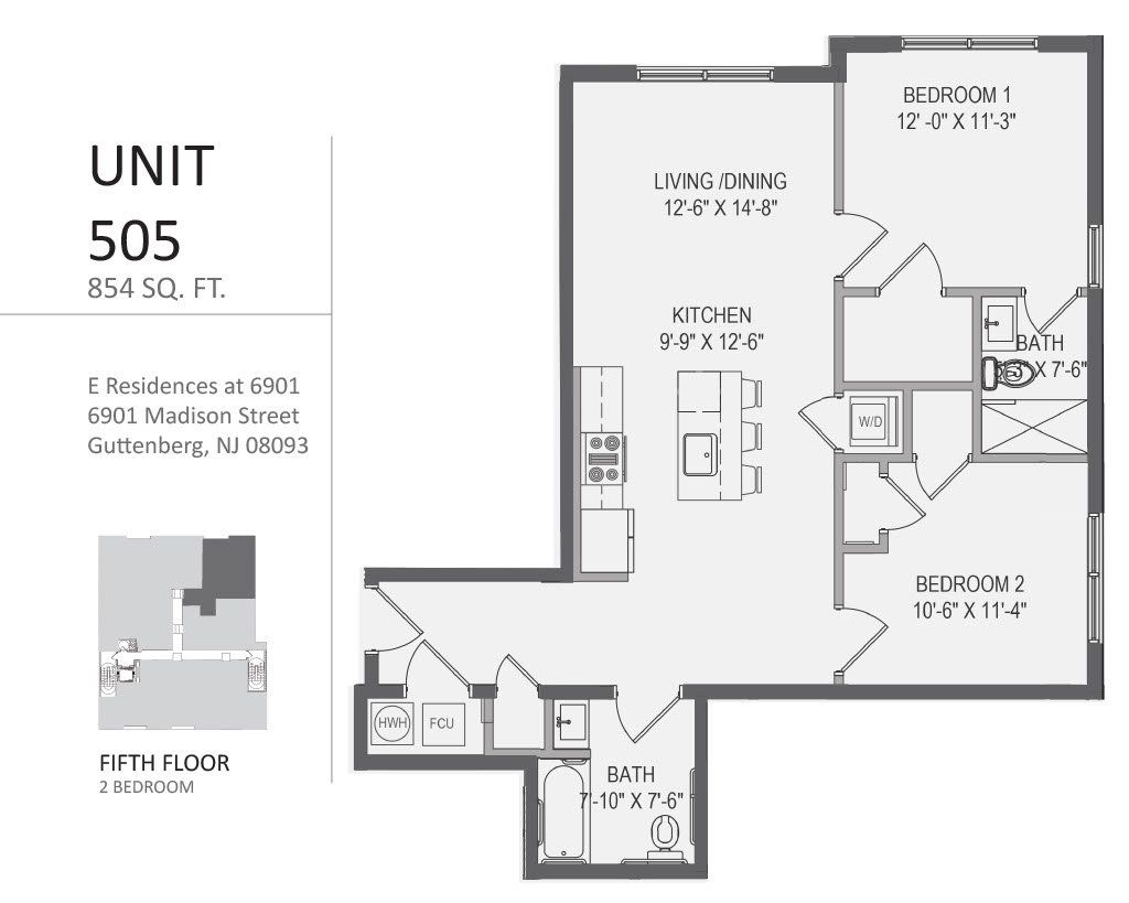 A black and white floor plan of a unit 505 apartment