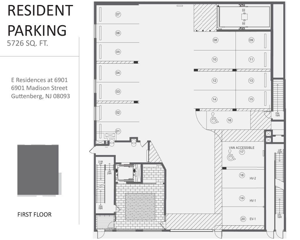 A black and white floor plan of a resident parking lot