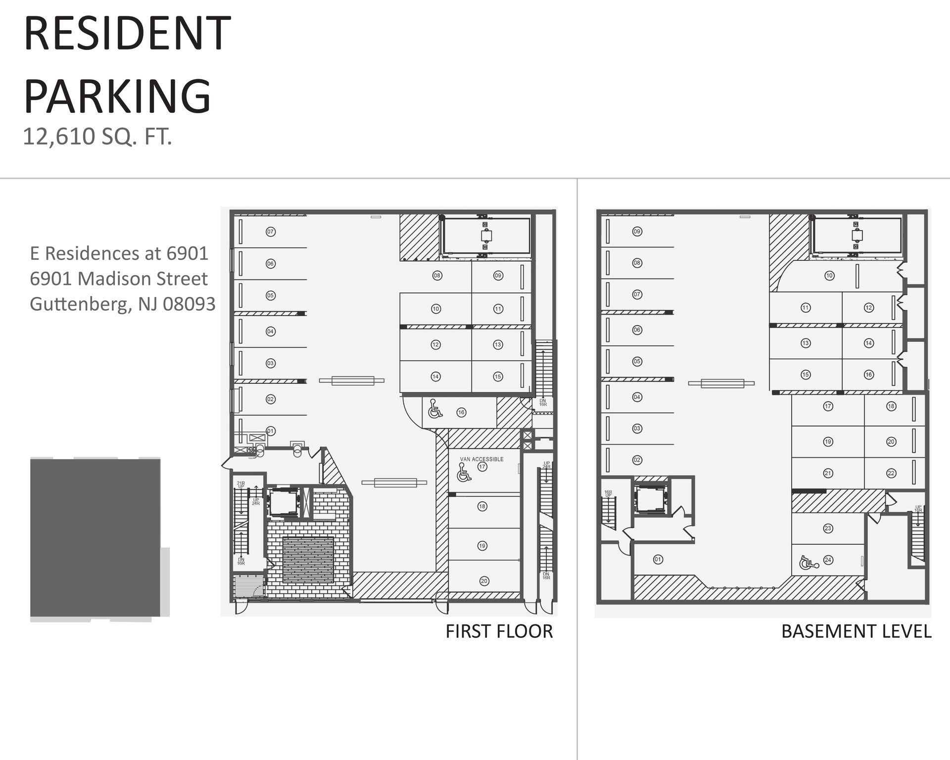 A black and white floor plan of a resident parking lot