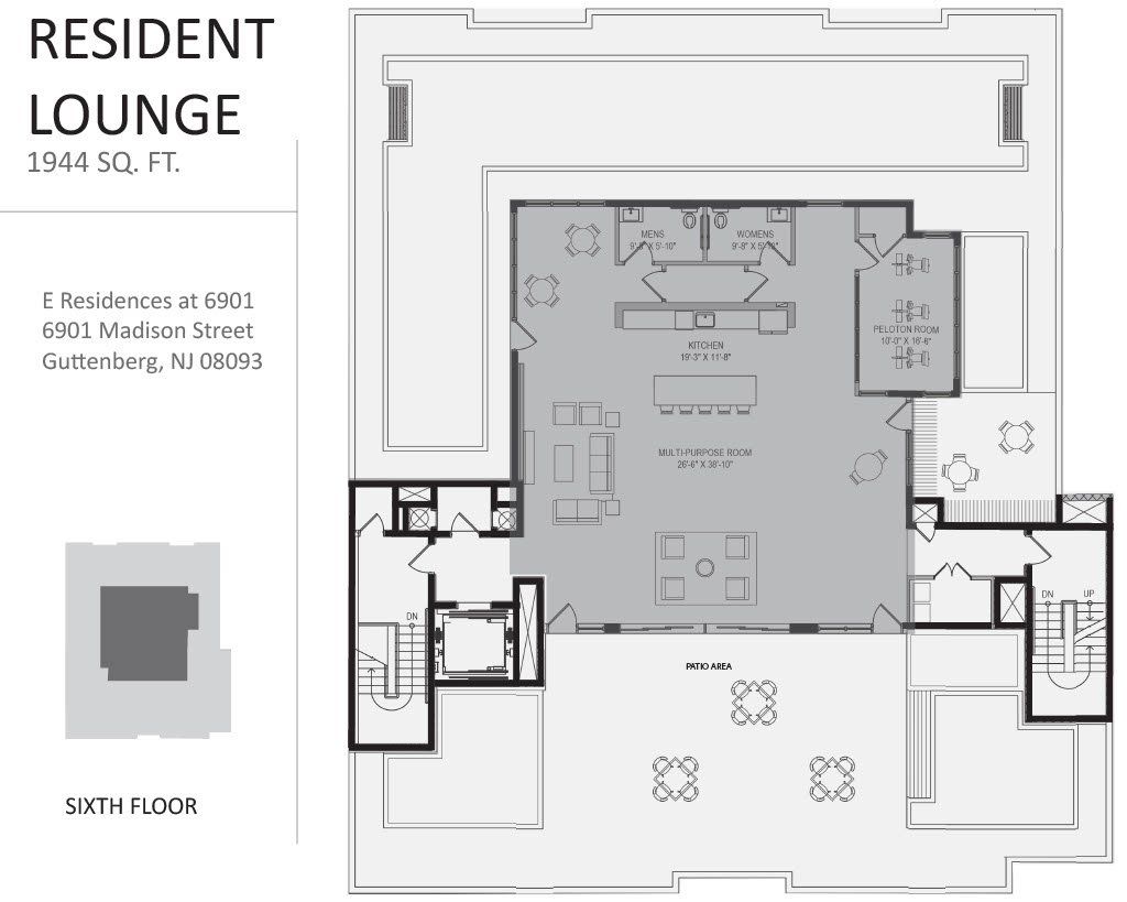A black and white floor plan of a resident lounge