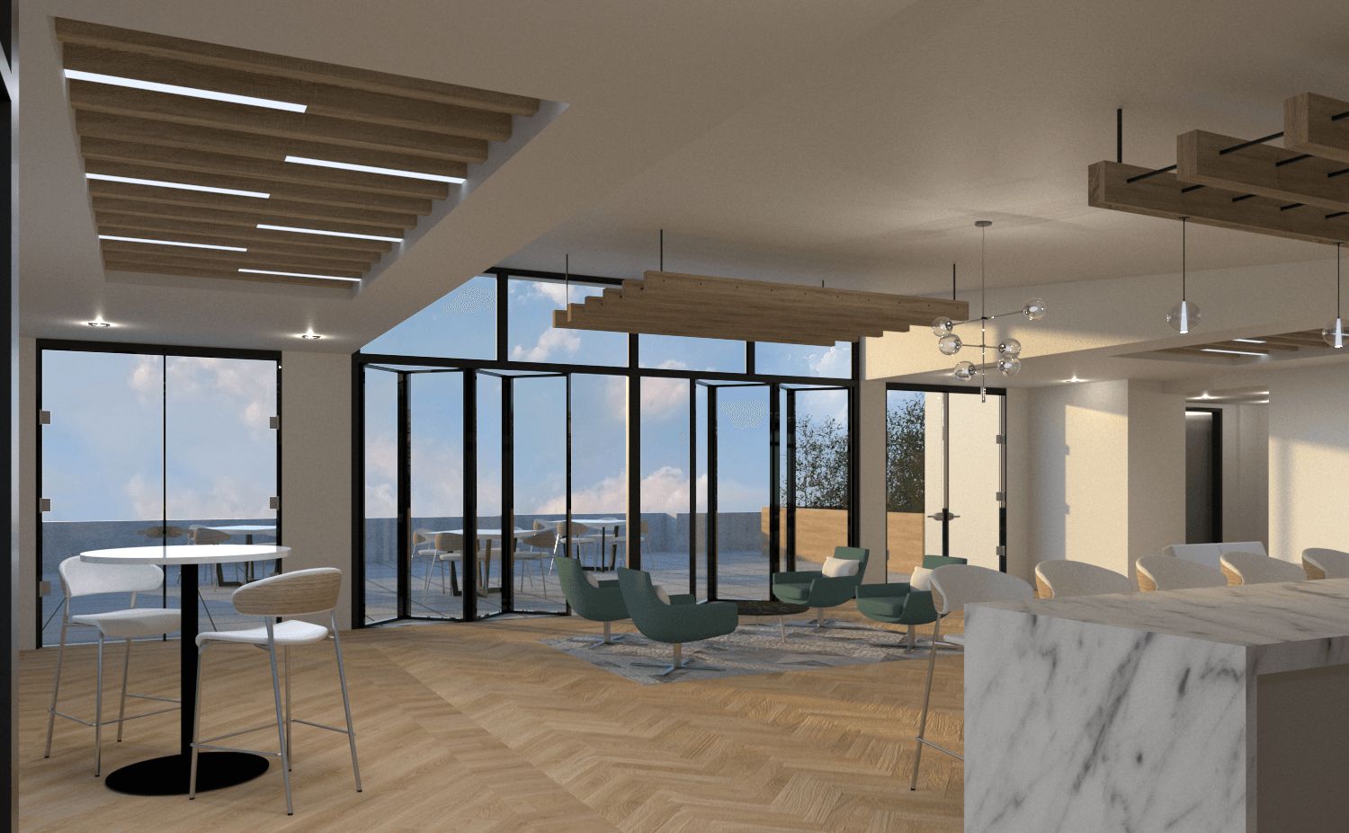 A large room with a lot of windows and chairs.