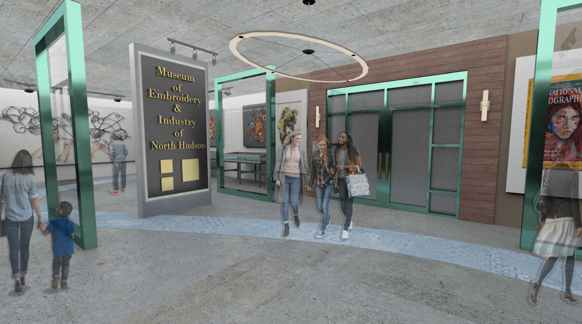 An artist 's impression of a museum with people walking through it.