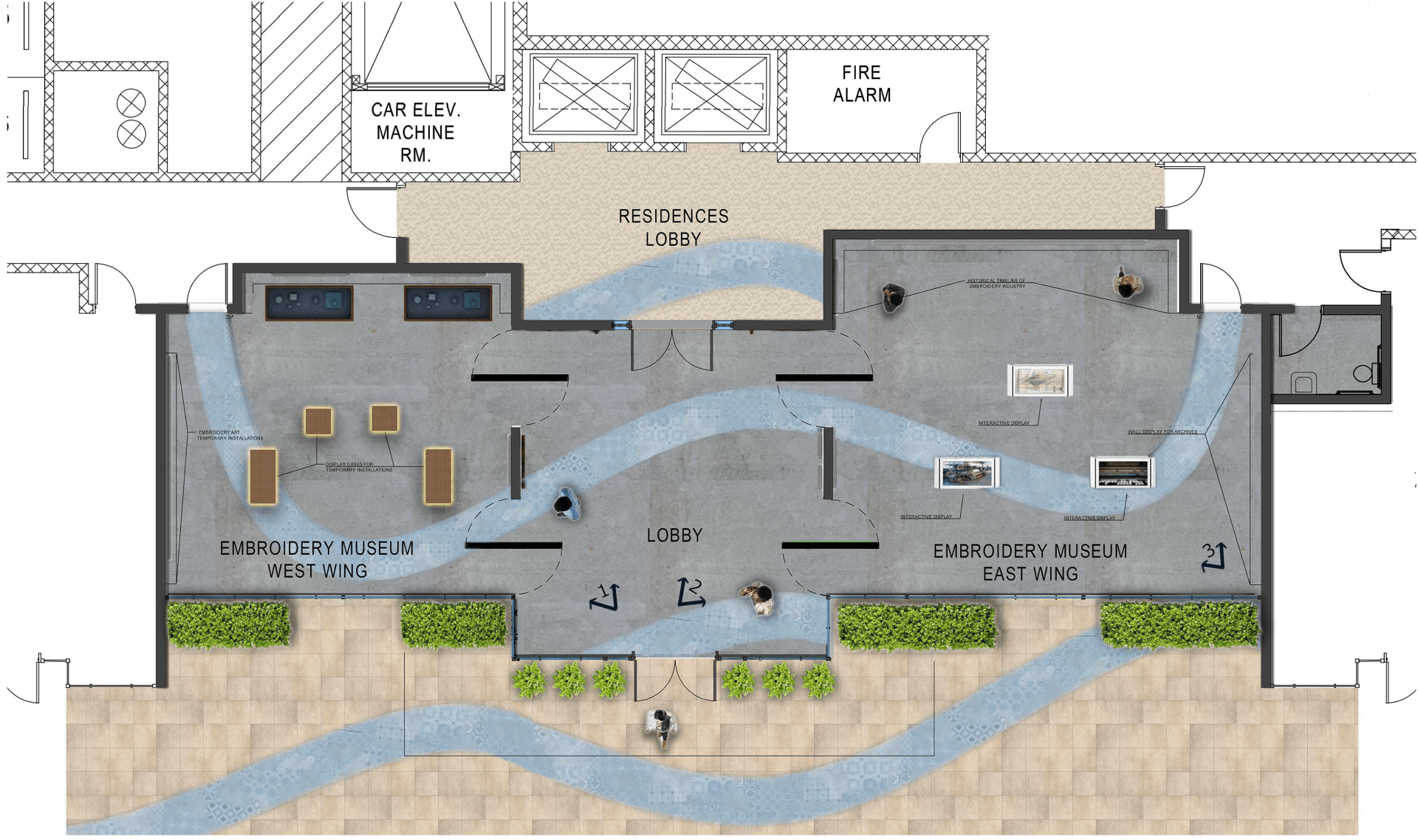 A floor plan of a building with a river running through it