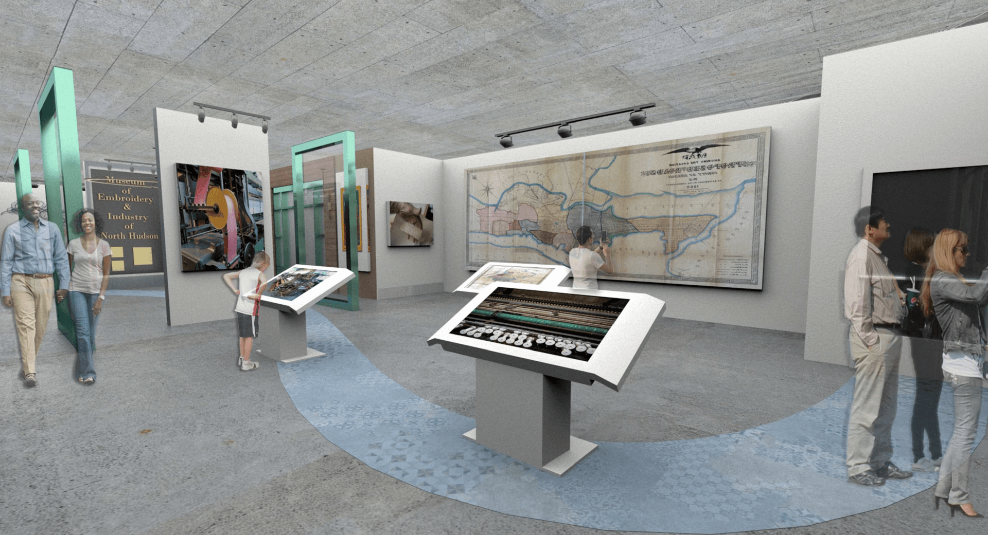 An artist 's impression of a museum with people looking at displays.