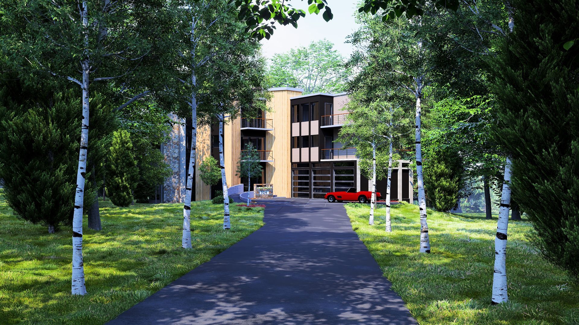 An artist 's impression of a house surrounded by trees and grass.