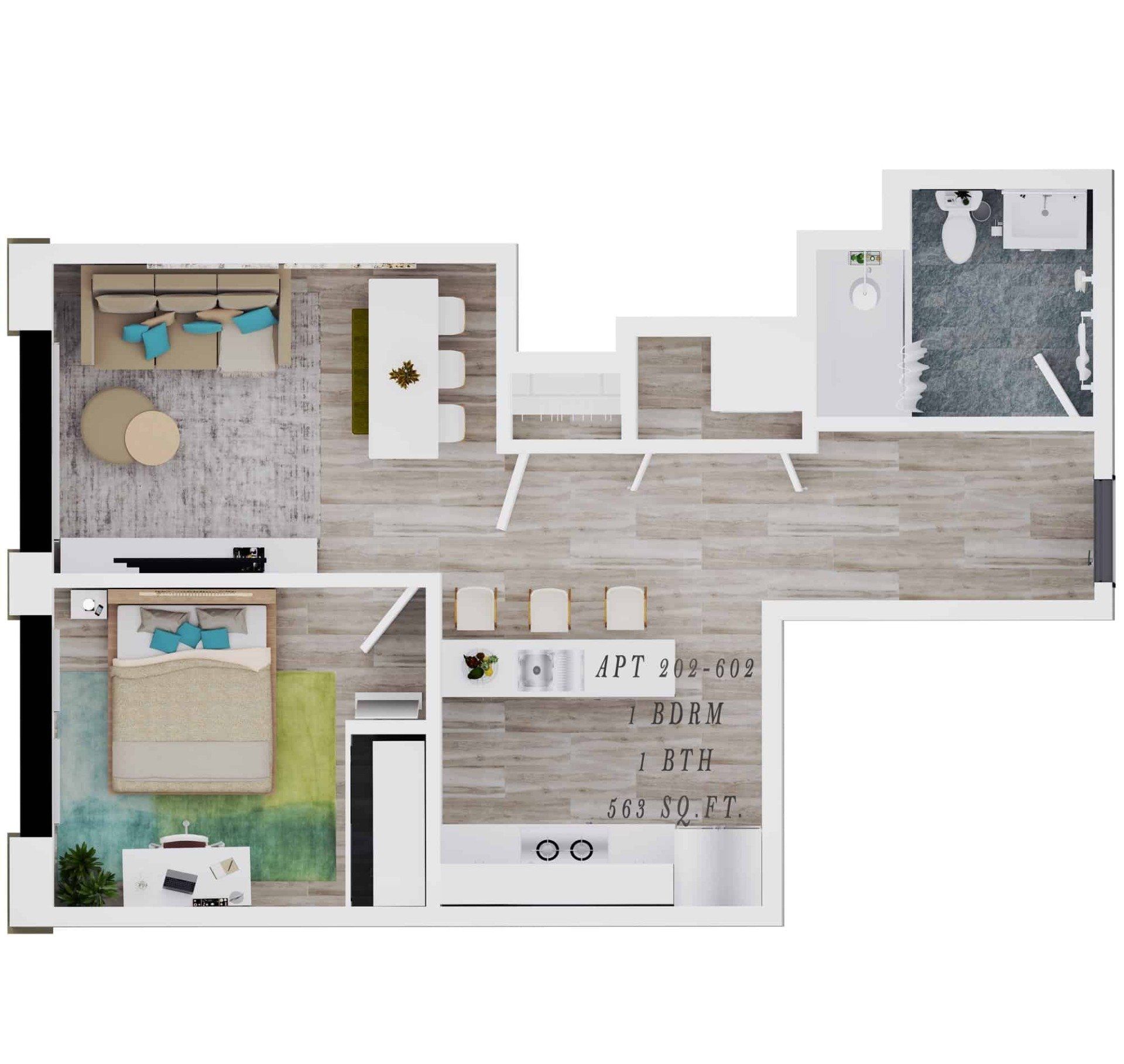 A floor plan of a small apartment with a bedroom , living room , and bathroom.