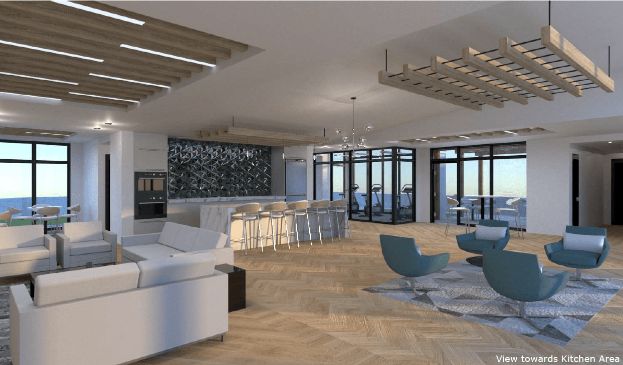 An artist 's impression of a living room with a couch , chairs , and a bar.