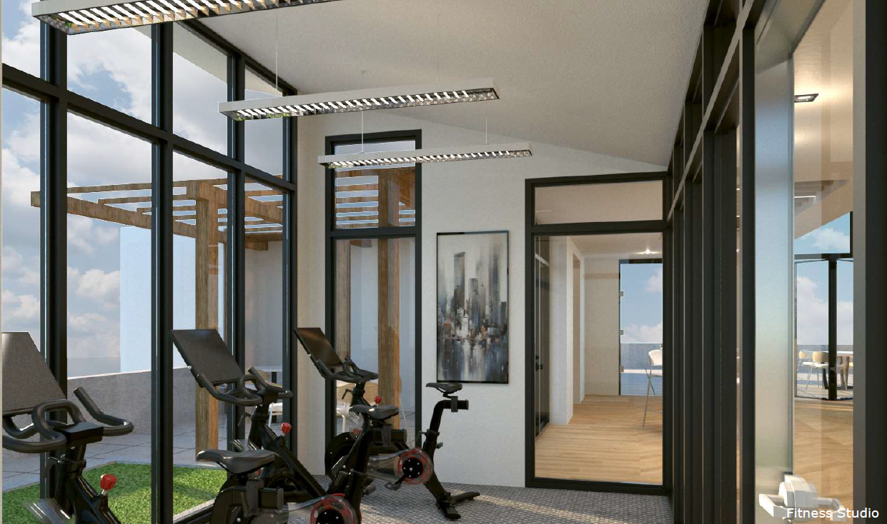 An artist 's impression of a gym with a lot of windows and exercise bikes.