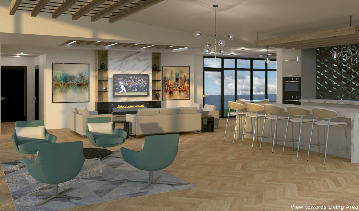 An artist 's impression of a living room and kitchen