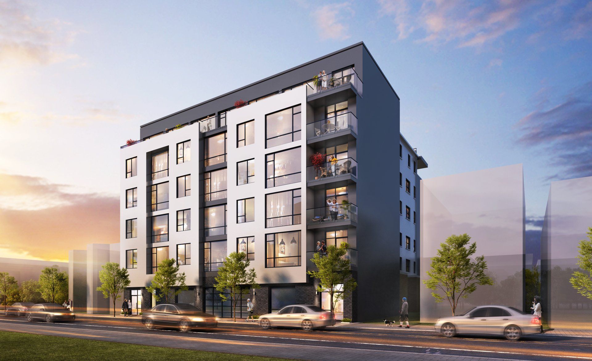 An artist 's impression of a large apartment building with cars parked in front of it.