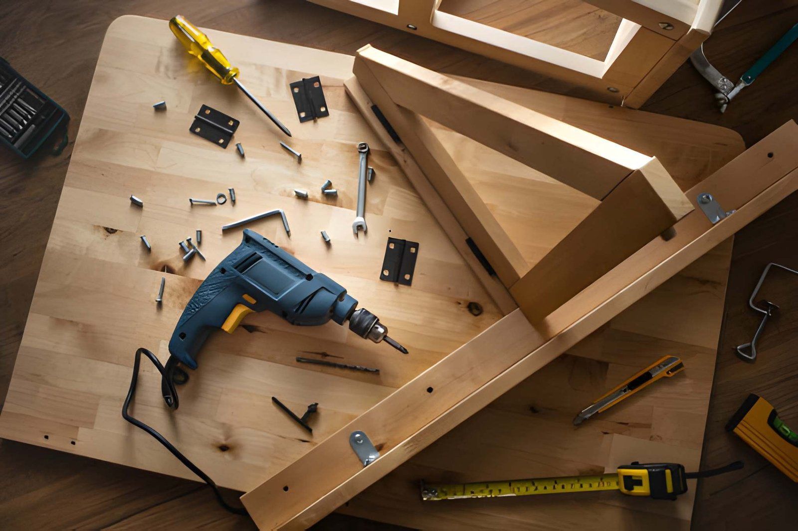 Blue drill and yellow screwdriver on a wooden table with scattered screws and a partially assembled chair frame