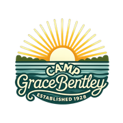 Camp Grace Bentley logo: blue text over a sunrise graphic in yellow, and blue.