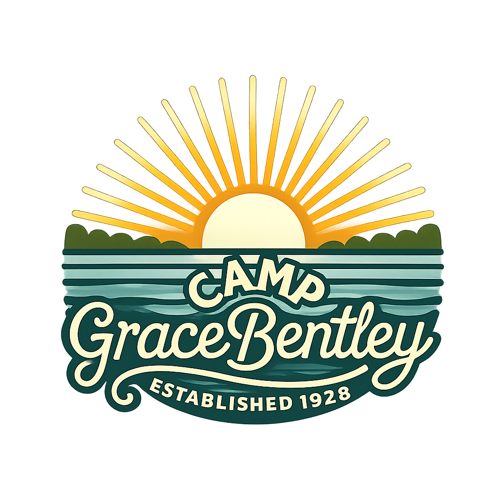 Camp Grace Bentley logo: blue text over a sunrise graphic in yellow, and blue.