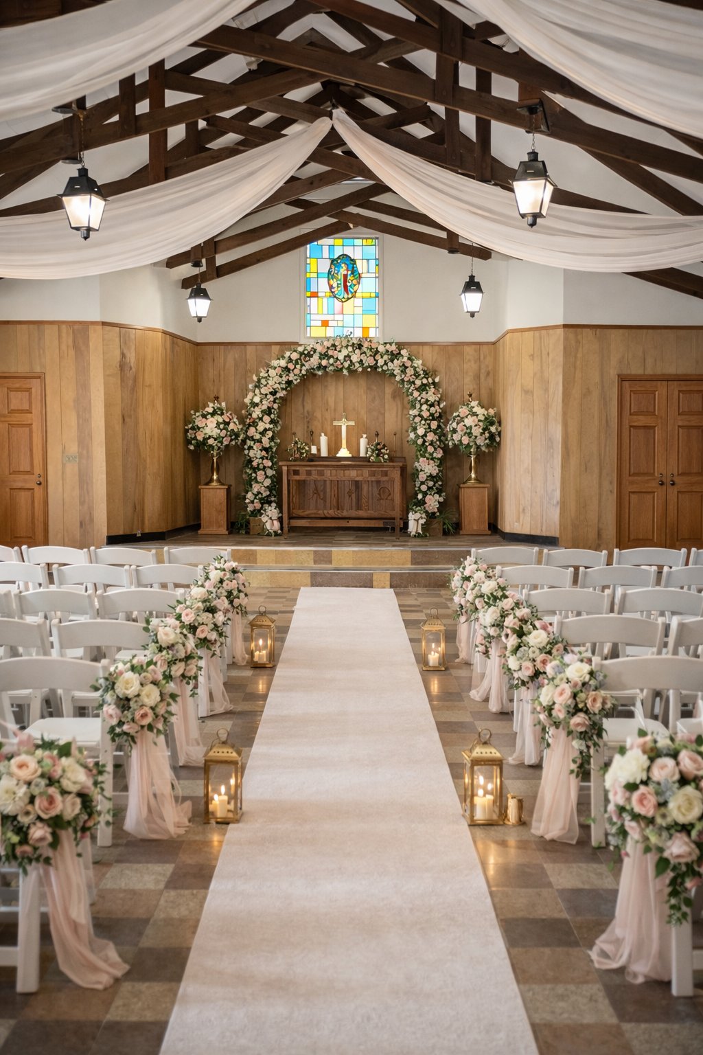 Wedding ceremony setup with floral arch, aisle with flowers and candles, white chairs.