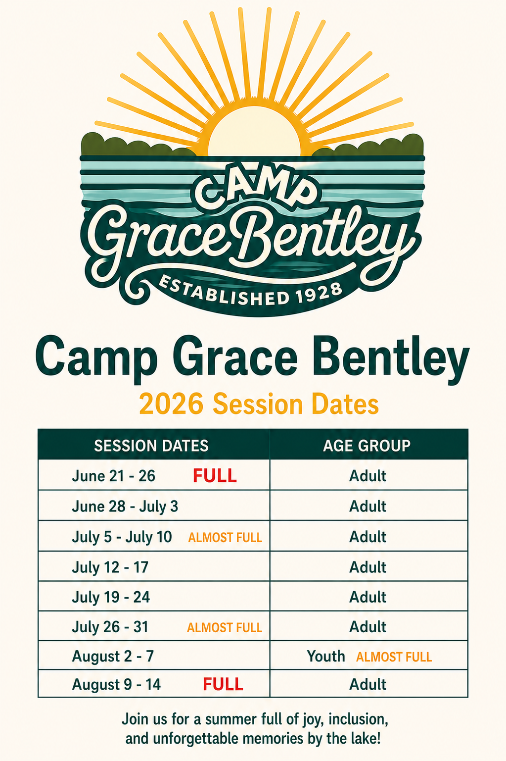 Camp Grace Bentley flyer with session dates; Adult and Youth sessions listed from June to August.