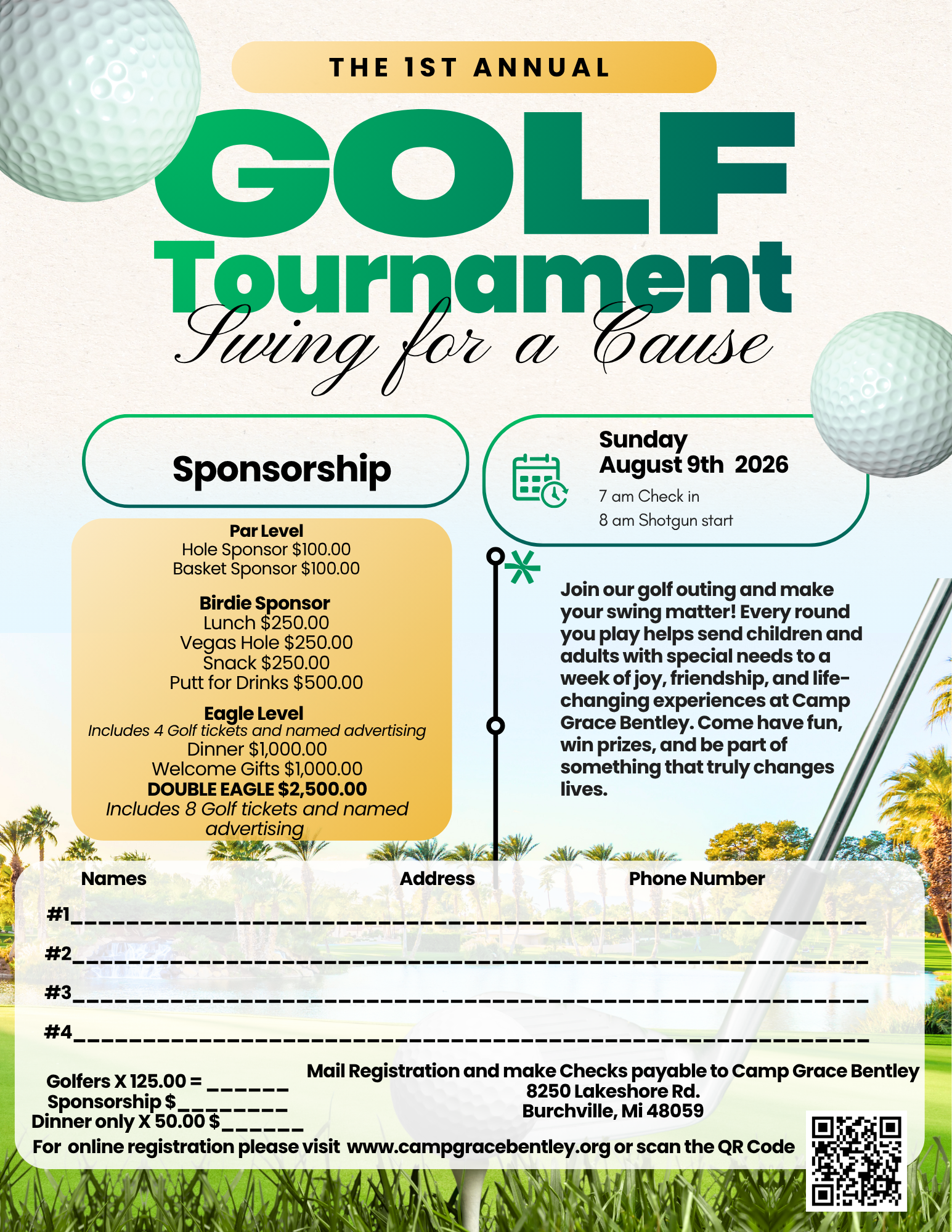 Golf tournament fundraiser flyer with green title, sponsorship details, and event information on a light blue background