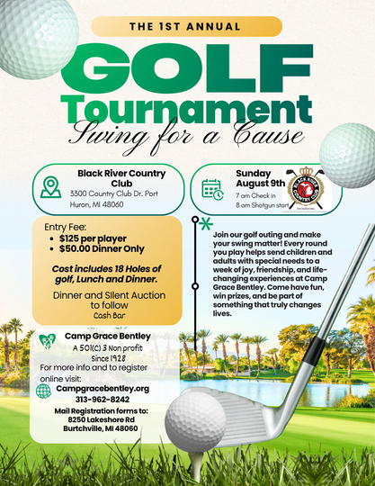 Golf tournament flyer with green text, golf balls, club, palm trees, and event details on a white and blue background
