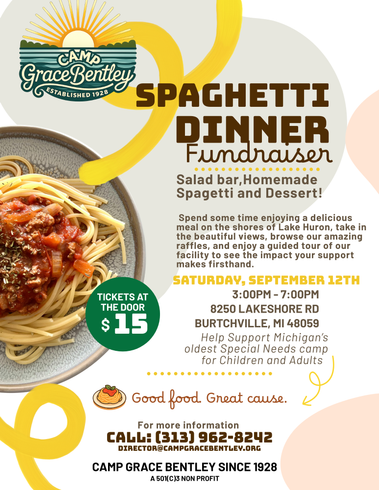 Spaghetti dinner fundraiser flyer with green and gold accents, Sept. 13 at Grace Bethel Church, tickets $15