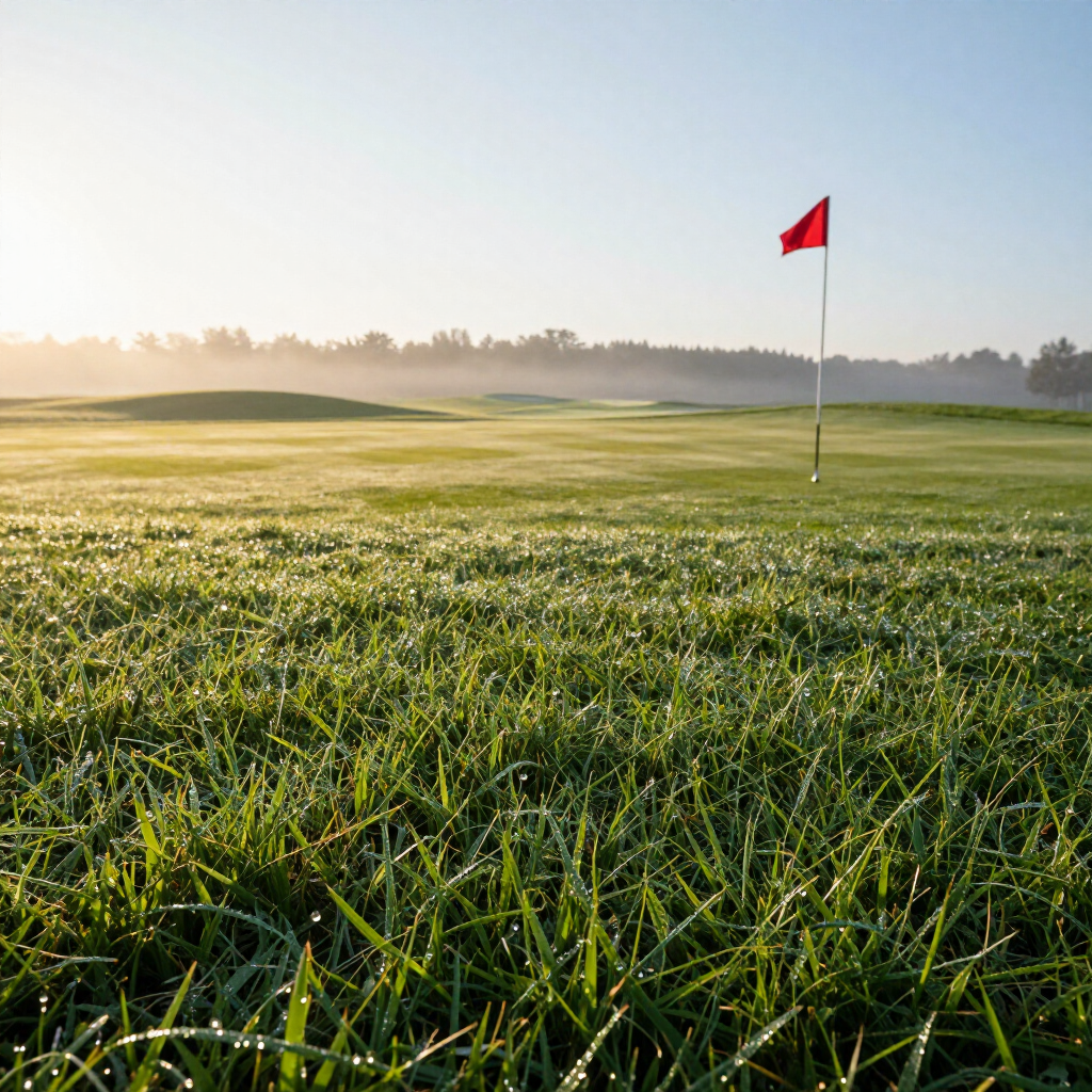 Golf course green with a red flag on a sunny morning, dew-covered grass in the foreground