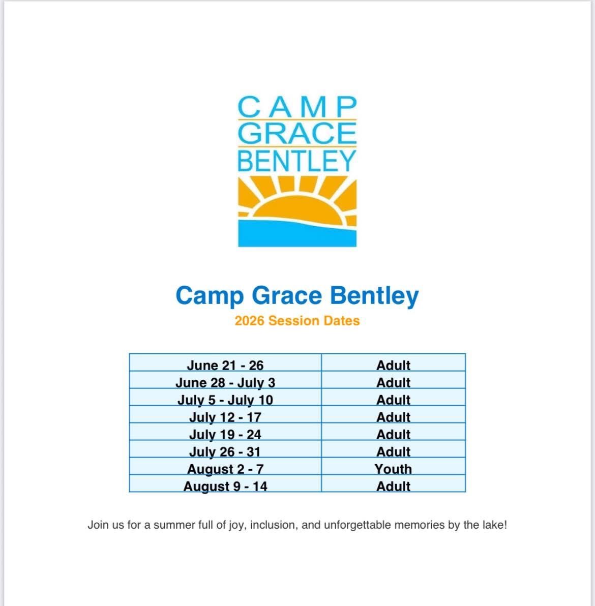 Camp Grace Bentley flyer with session dates; Adult and Youth sessions listed from June to August.