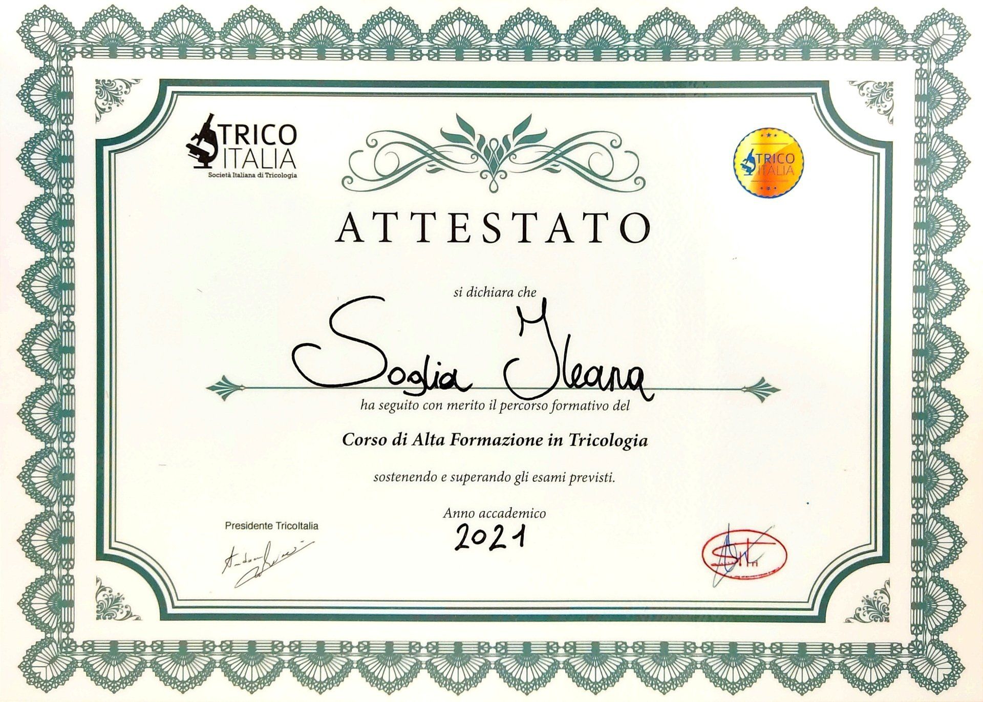 Certificate in Italian with name 