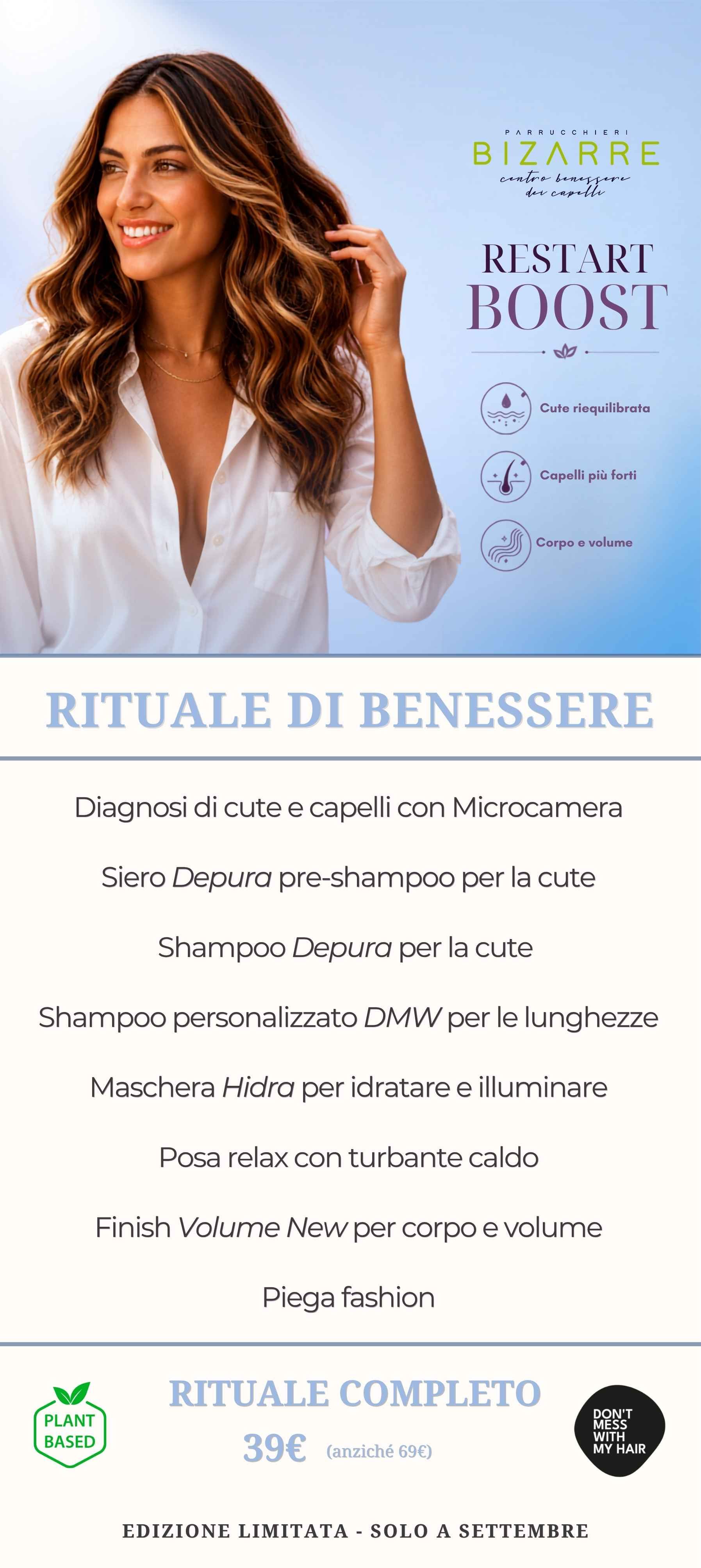 Pubblicità per un trattamento per capelli. Donna con capelli lunghi. 