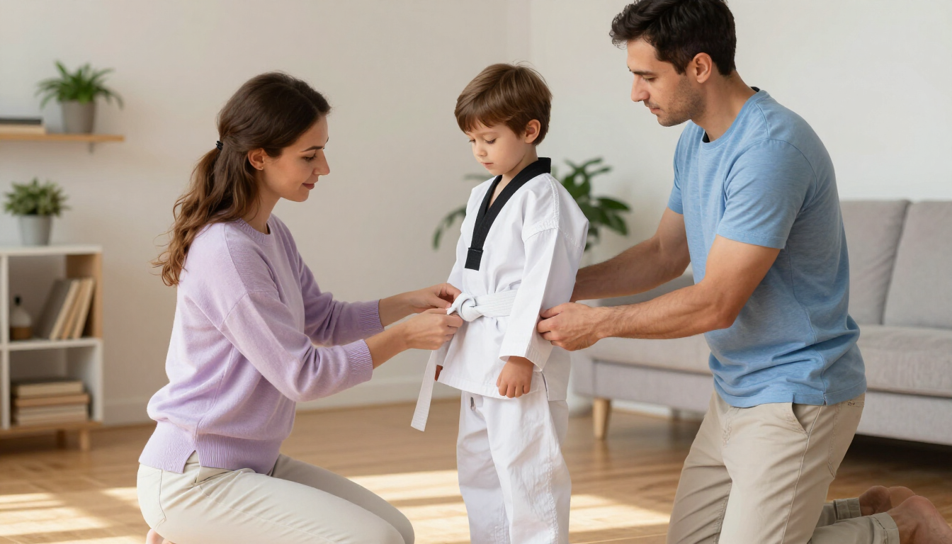 parents helping their child with martial arts uniform tie their belt