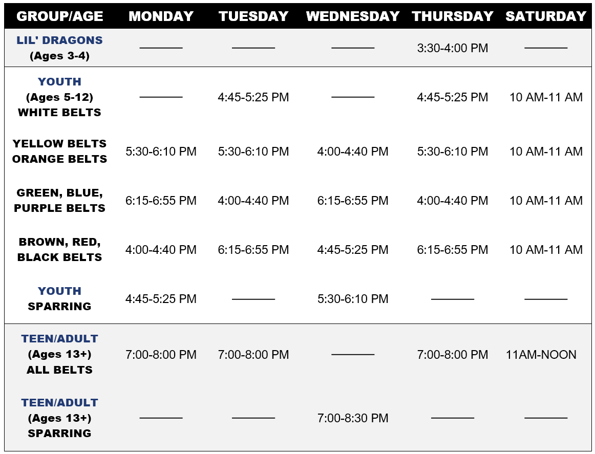 High Kick Martial Arts School Schedule