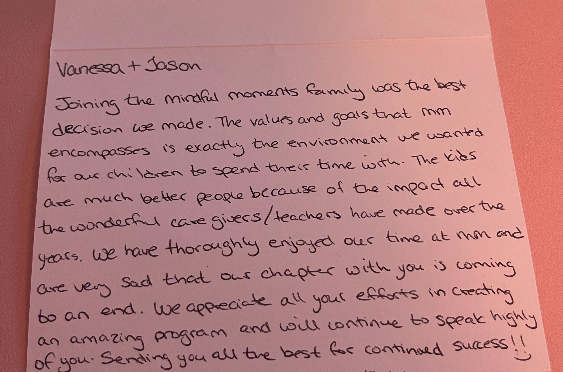 A handwritten letter from vanessa and joeson