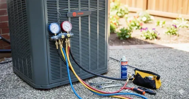A central air conditioning unit outdoors, connected to a set of colorful pressure gauges with hoses, with tools nearby.