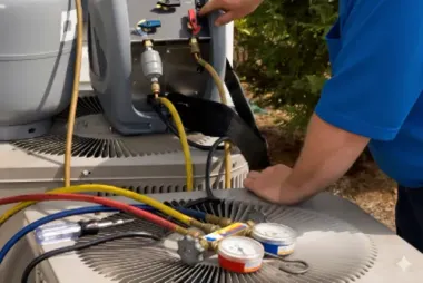 A technician in a blue shirt uses a manifold gauge set to service an outdoor HVAC unit.