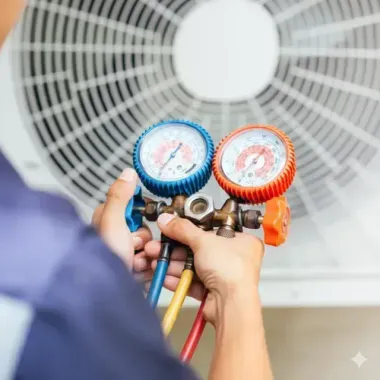 Technician using a manifold gauge set with blue and red dials to service an air conditioning unit.
