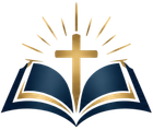 Golden cross above an open blue-and-gold book with radiant light rays