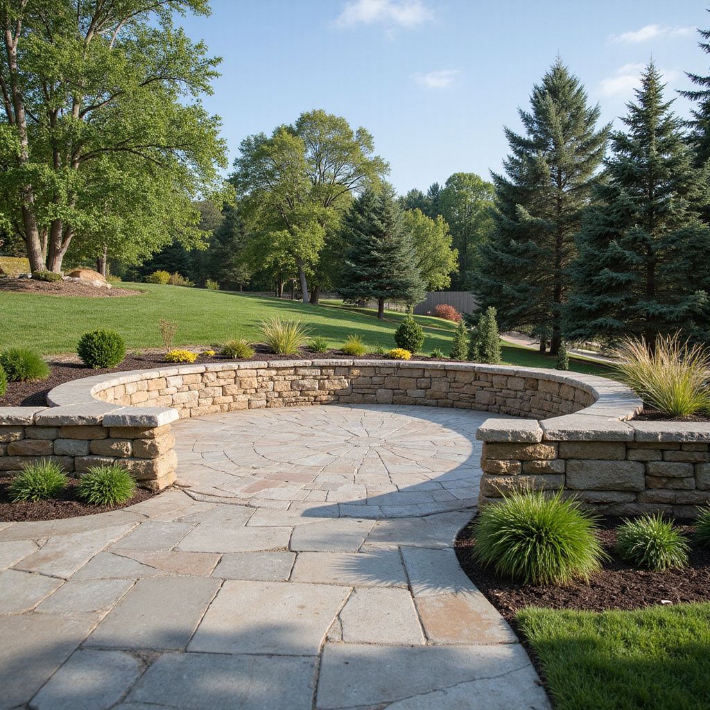 Stone patio with circular stone wall and grassy hill with trees in the background.