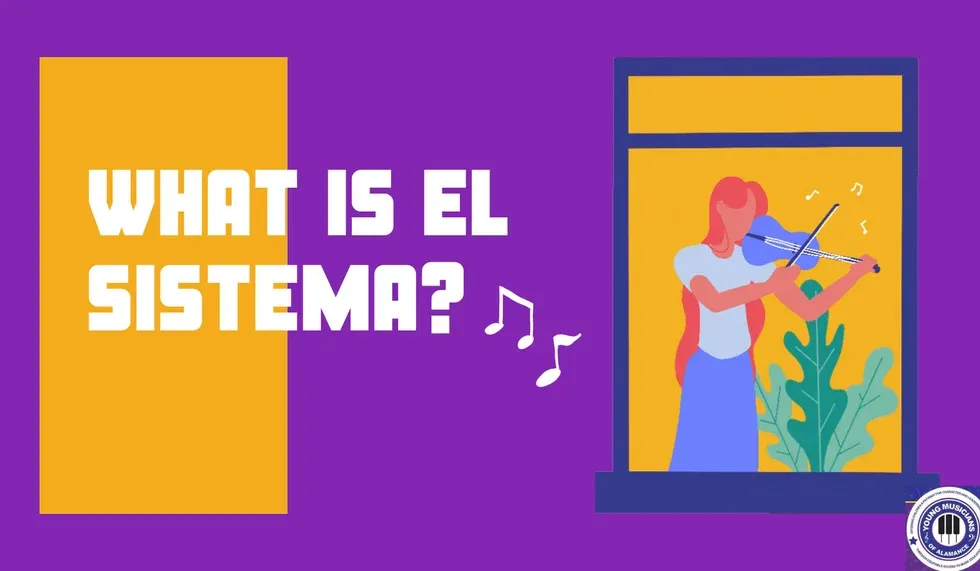 Purple slide with “What is El Sistema?” text and an illustration of a violinist in a window frame.