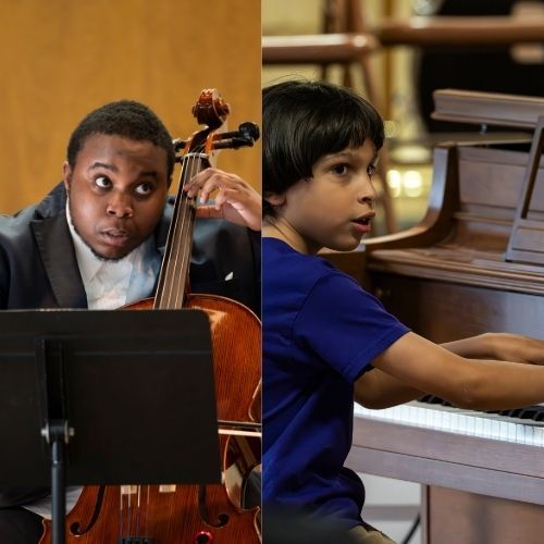 Split image of a child playing cello and a child playing piano in a music room