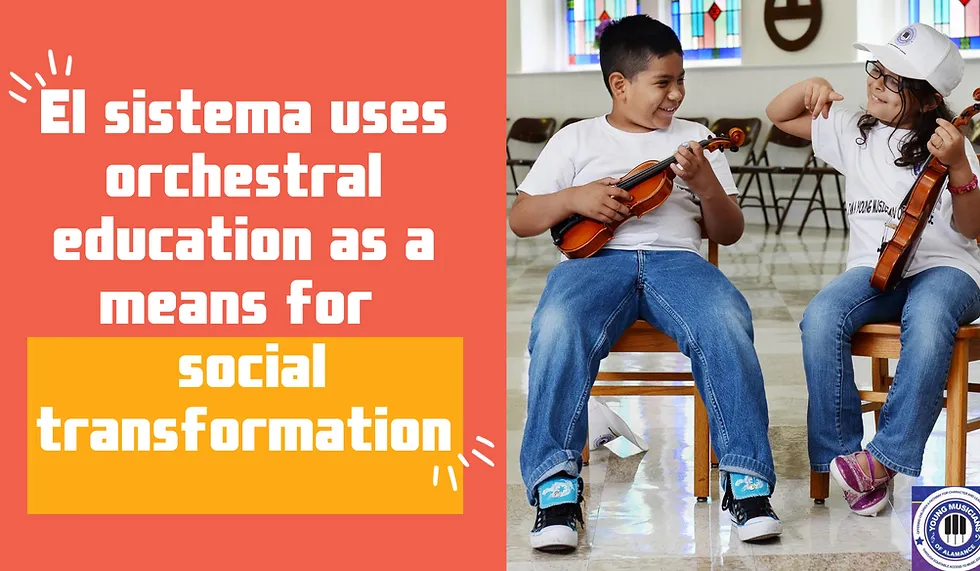 Two children play violins on benches beside a quote about El Sistema and social transformation