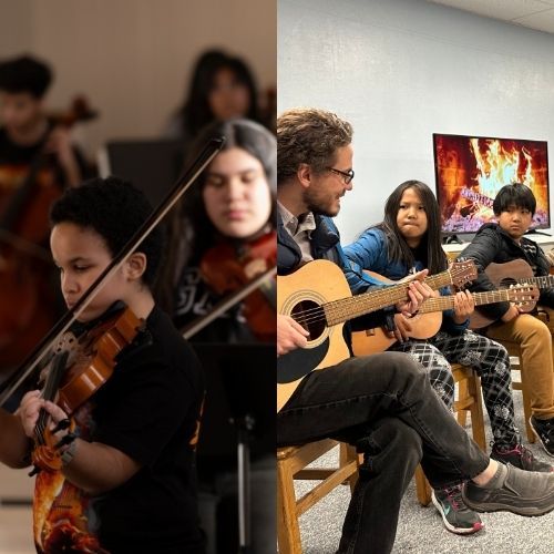 Music ensemble seated indoors, including violinists and guitarists performing together in a rehearsal room.