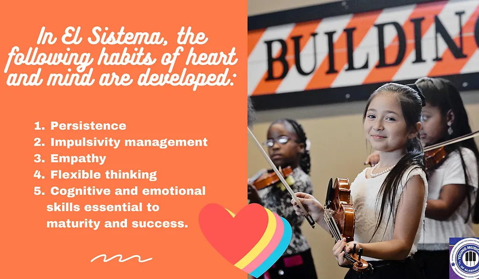 Poster about “El Sistema” habits of heart and mind with musicians and a violin; text lists five habits.