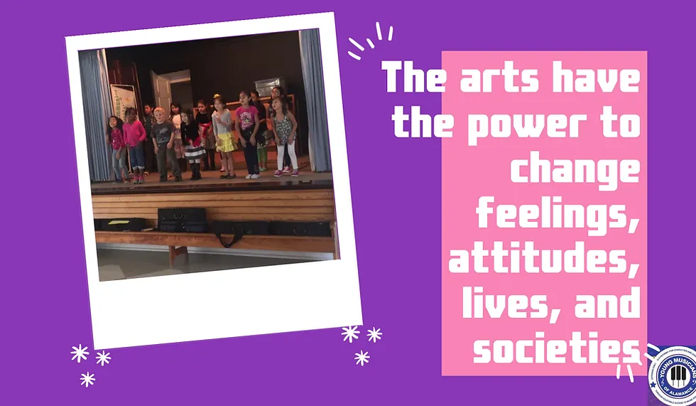 Purple slide with a stage photo and text: “The arts have the power to change feelings, attitudes, lives, and societies.”