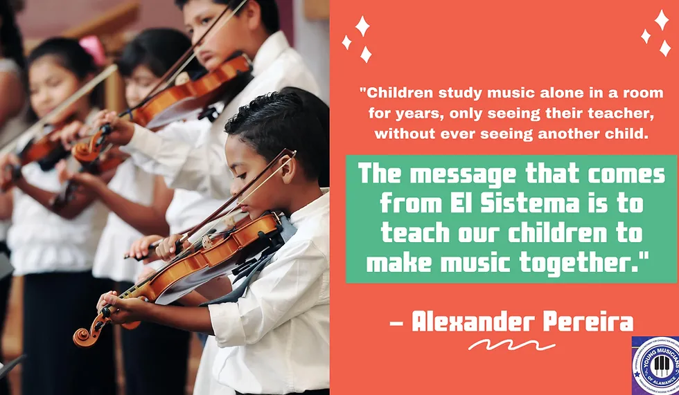 Students play violins in a classroom beside a coral panel with a quote about teaching children to make music together.