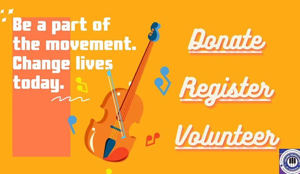 Orange charity poster with guitar, reading “Be a part of the movement. Change lives today.” and donate, register, volunteer links