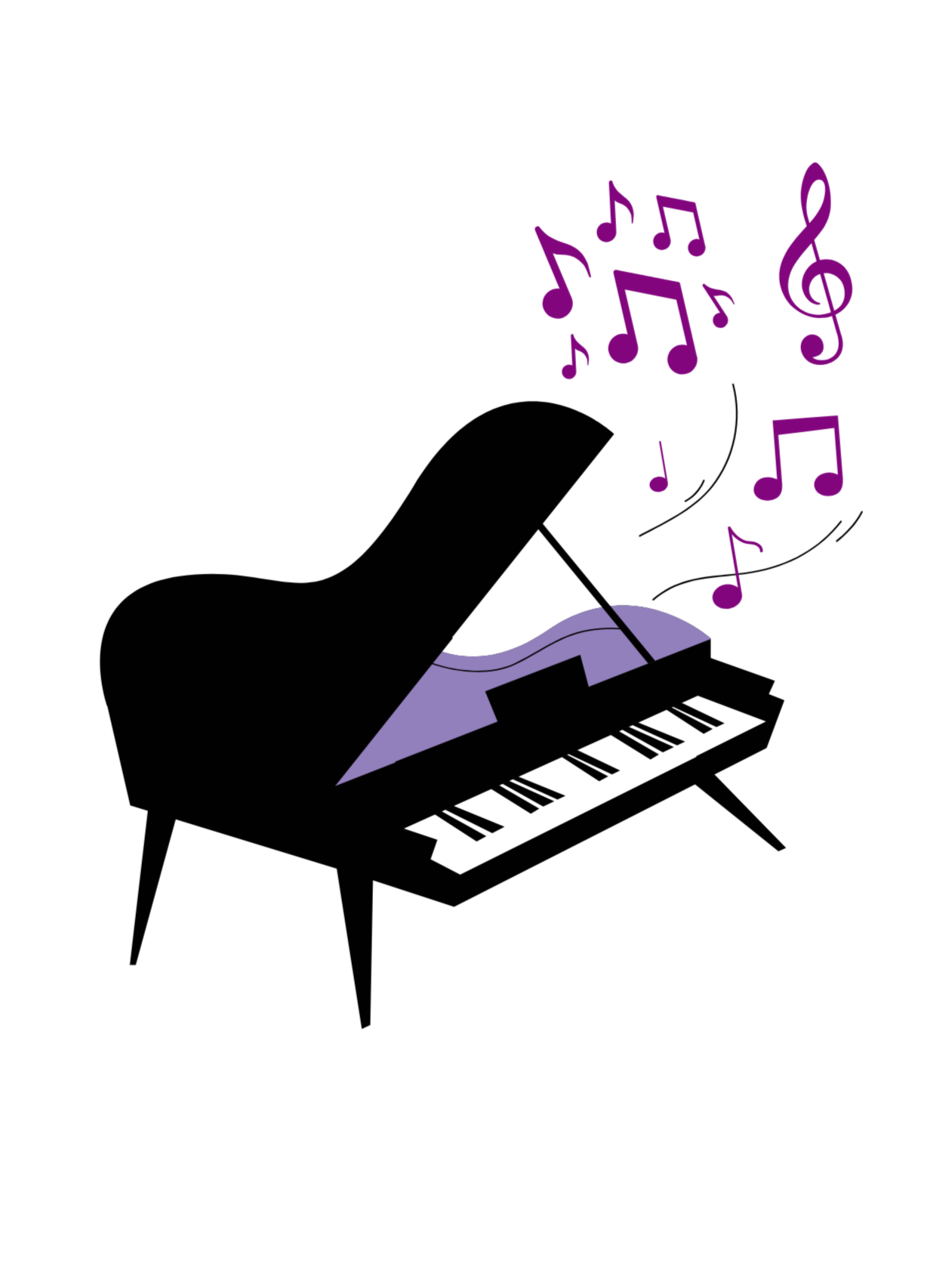 Black grand piano with purple musical notes floating above it