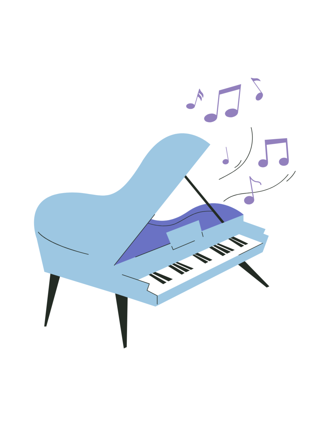 Blue grand piano with floating purple music notes